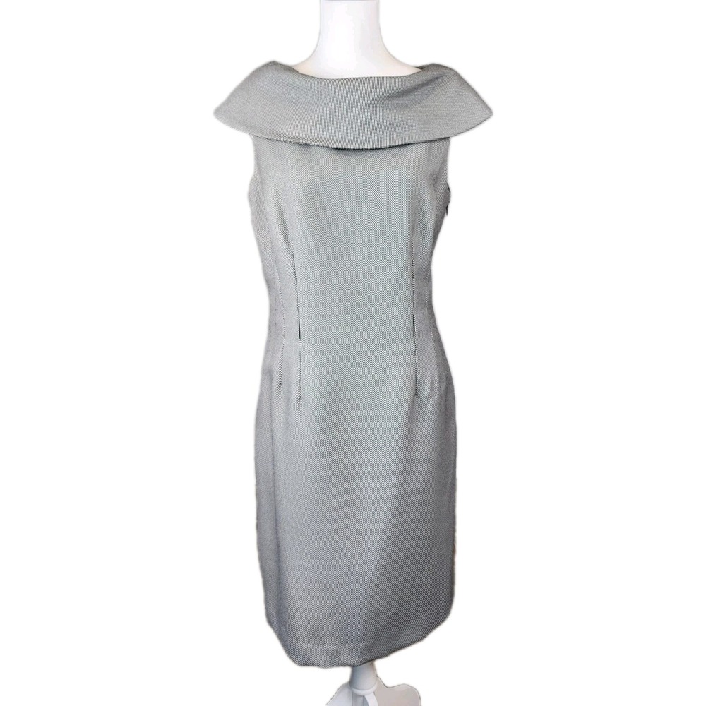 Tahari ASL Folded Neck Sheath Dress Womens 10 Black White Birds Eye Career Exec